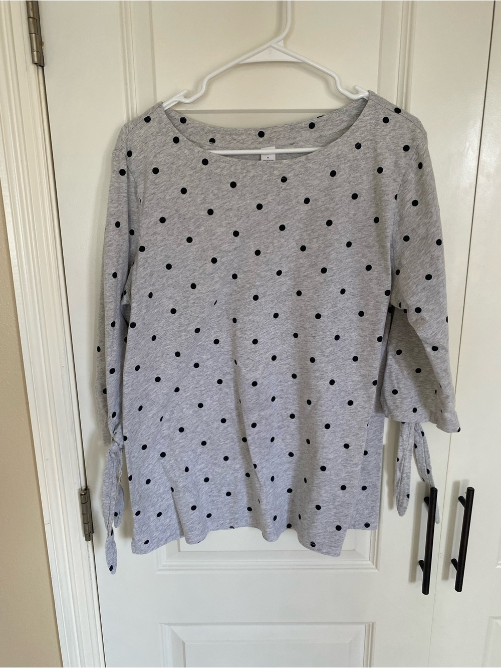 Old Navy Grey Top with Black Polka Dots and Tie Sleeves